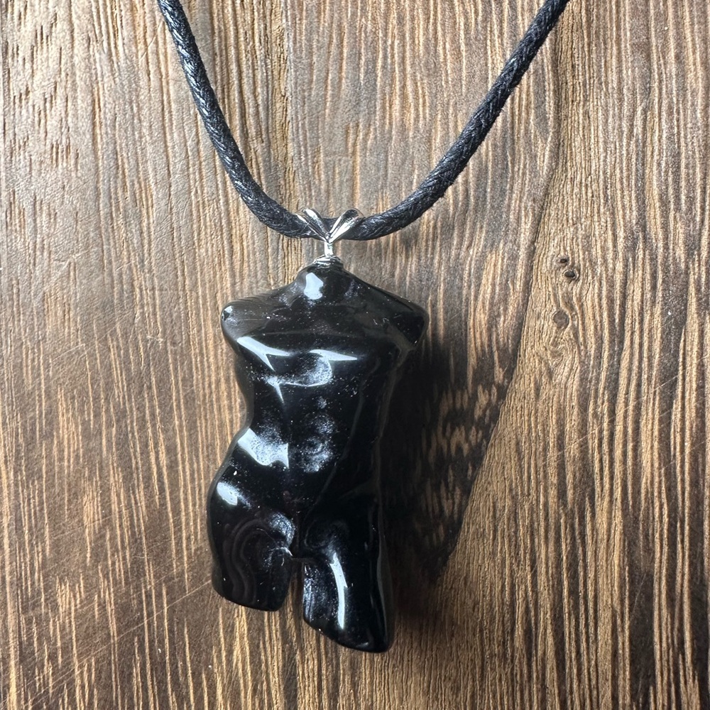 Black Obsidian Male Body Pendant Necklace on Black Rope, Sterling Silver Clasp - Picture 5 of 10
